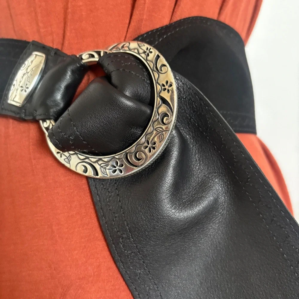 Brighton Black Leather Suede Wide Waist Belt Silver Etched Buckle B30993 Size M